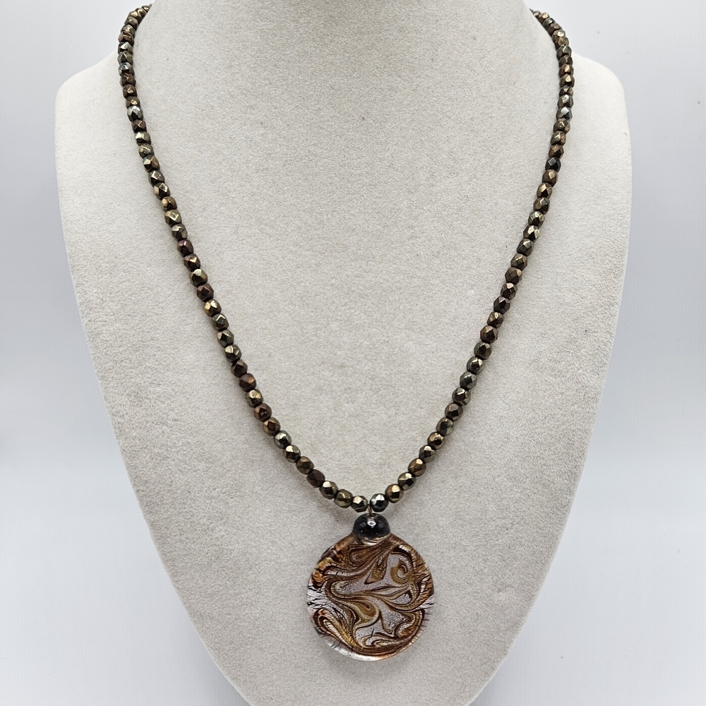 VINTAGE Glass Swirl Pendant Copper Tone Beaded Necklace